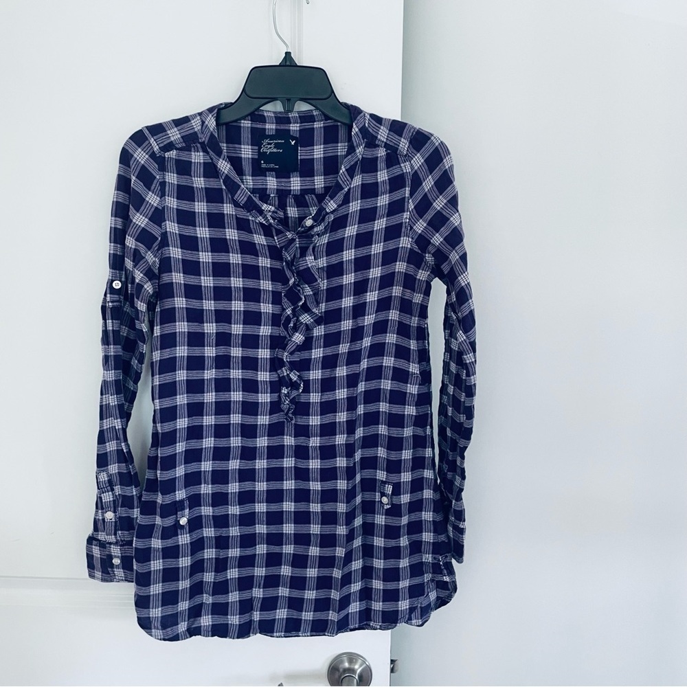 AEO Cotton Plaid Ruffle Neck Long Sleeve Top Purple Size 6 - Picture 2 of 11